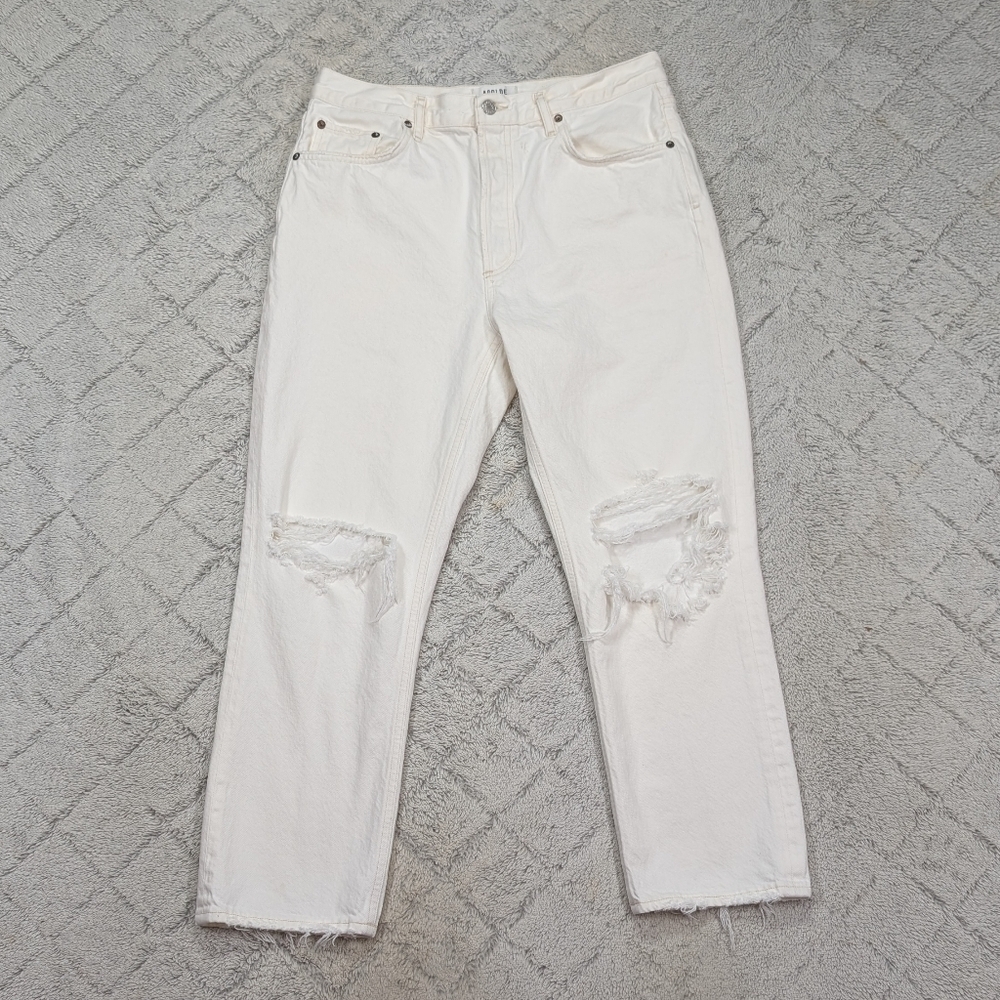 Agolde Jeans Womens 31 White Veil Riley High Rise Straight Crop Cotton Distress